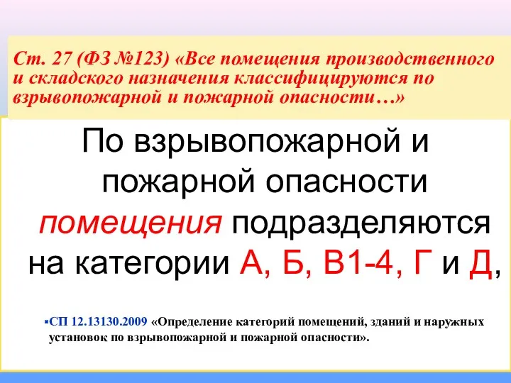 По взрывопожарной и пожарной опасности помещения подразделяются на категории А,