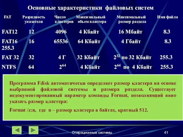 Операционные системы Основные характеристики файловых систем FAT Разрядность Число Максимальный