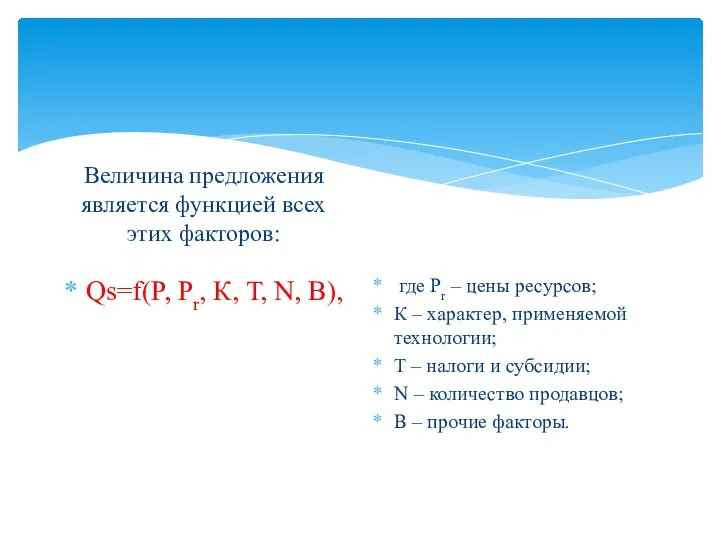 Величина предложения является функцией всех этих факторов: Qs=f(P, Pr, К,