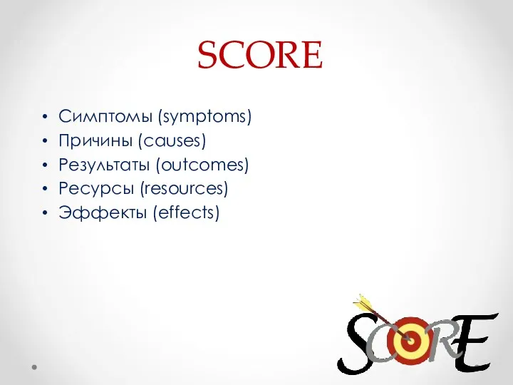 SCORE Симптомы (symptoms) Причины (causes) Результаты (outcomes) Ресурсы (resources) Эффекты (effects)