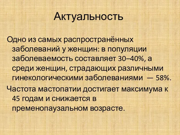 Актуальность Одно из самых распространённых заболеваний у женщин: в популяции