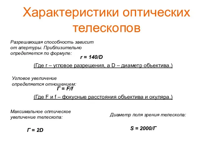 Характеристики оптических телескопов Разрешающая способность зависит от апертуры. Приблизительно определяется