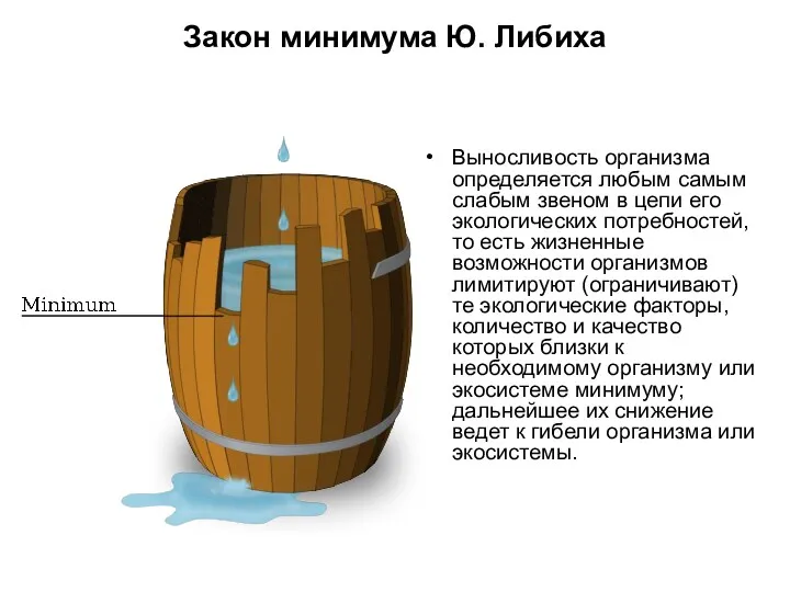 Закон минимума Ю. Либиха Выносливость организма определяется любым самым слабым