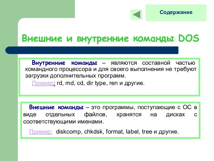 Внешние и внутренние команды DOS Внутренние команды – являются составной