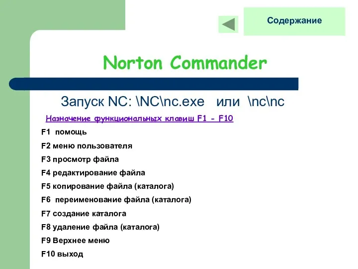 Norton Commander Запуск NC: \NC\nc.exe или \nc\nc Назначение функциональных клавиш