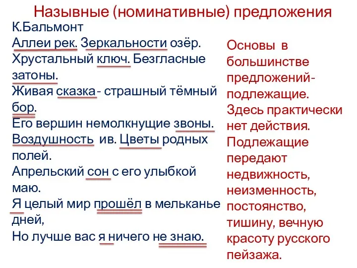 Назывные (номинативные) предложения К.Бальмонт Аллеи рек. Зеркальности озёр. Хрустальный ключ.