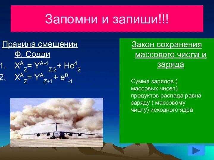 Запомни и запиши!!! Правила смещения Ф. Содди XAZ= YA-4Z-2+ He42