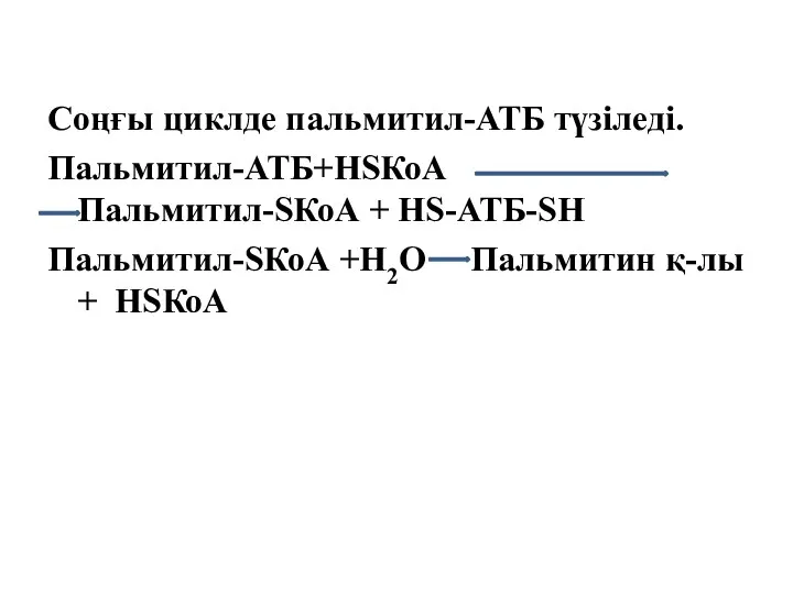 Соңғы циклде пальмитил-АТБ түзіледі. Пальмитил-АТБ+НSКоА Пальмитил-SКоА + HS-АТБ-SH Пальмитил-SКоА +Н2О Пальмитин қ-лы + НSКоА