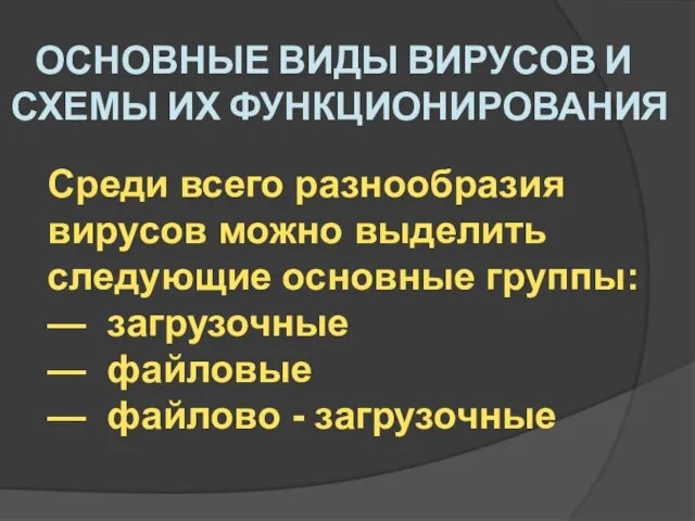 ОСНОВНЫЕ ВИДЫ ВИРУСОВ И СХЕМЫ ИХ ФУНКЦИОНИРОВАНИЯ Среди всего разнообразия