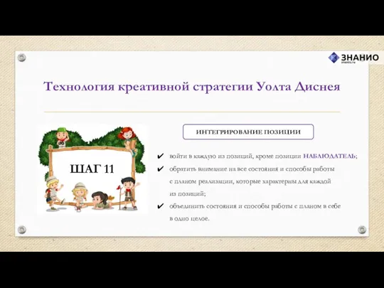 Технология креативной стратегии Уолта Диснея ИНТЕГРИРОВАНИЕ ПОЗИЦИИ войти в каждую