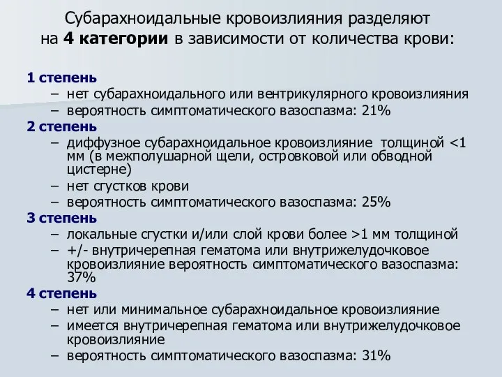 Субарахноидальные кровоизлияния разделяют на 4 категории в зависимости от количества