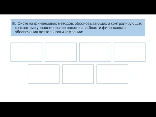 III. Система финансовых методов, обосновывающих и контролирующих конкретные управленческие решения в области финансового обеспечения деятельности компании: