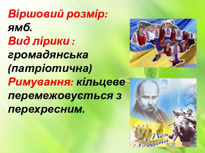 Віршовий розмір: ямб. Вид лірики : громадянська (патріотична) Римування: кільцеве перемежовується з перехресним.