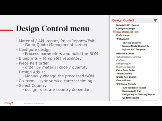 Design Control menu Material / APL report, Price/Reports/Exit Go to Quote Management screen