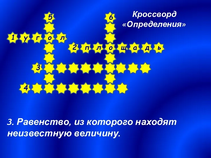 Кроссворд «Определения» 3. Равенство, из которого находят неизвестную величину.