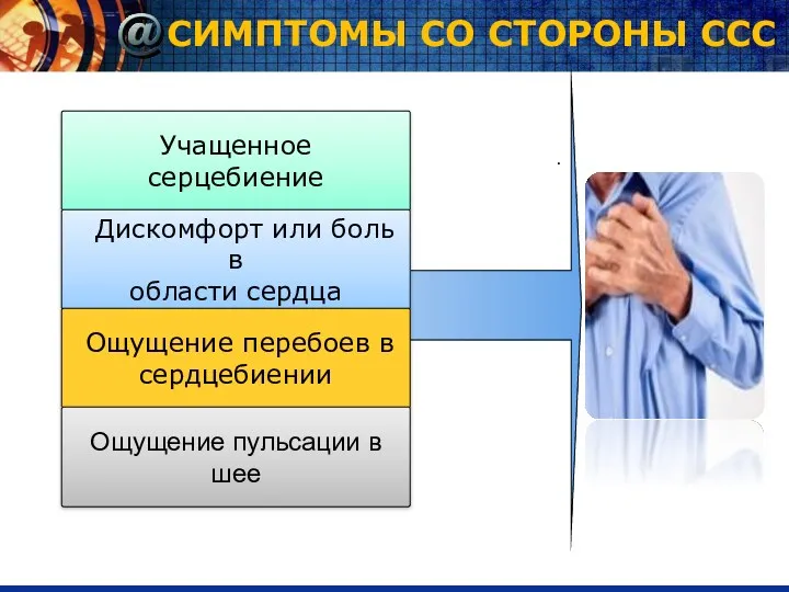 СИМПТОМЫ СО СТОРОНЫ ССС Учащенное серцебиение Дискомфорт или боль в