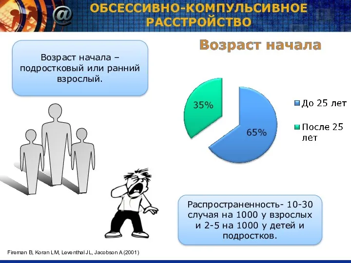 ОБСЕССИВНО-КОМПУЛЬСИВНОЕ РАССТРОЙСТВО Возраст начала – подростковый или ранний взрослый. Распространенность-