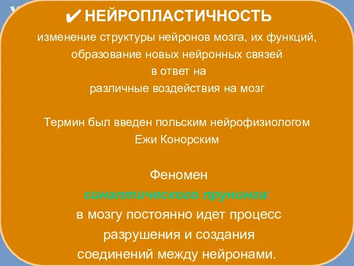 НЕЙРОПЛАСТИЧНОСТЬ изменение структуры нейронов мозга, их функций, образование новых нейронных