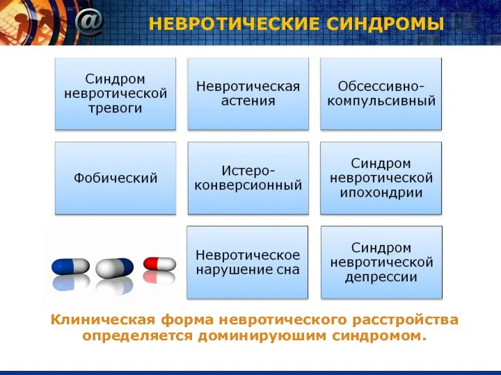 НЕВРОТИЧЕСКИЕ СИНДРОМЫ Клиническая форма невротического расстройства определяется доминируюшим синдромом.