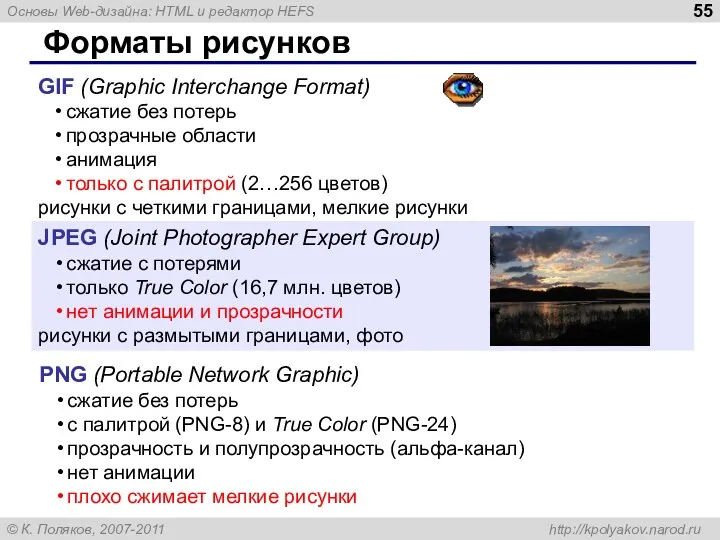 Форматы рисунков GIF (Graphic Interchange Format) сжатие без потерь прозрачные