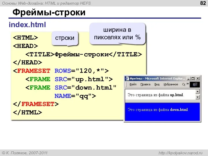 Фреймы-строки index.html Фреймы-строки NAME="qq"> строки ширина в пикселях или %