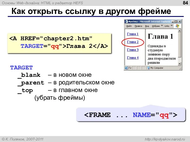 Как открыть ссылку в другом фрейме TARGET="qq">Глава 2 TARGET _blank