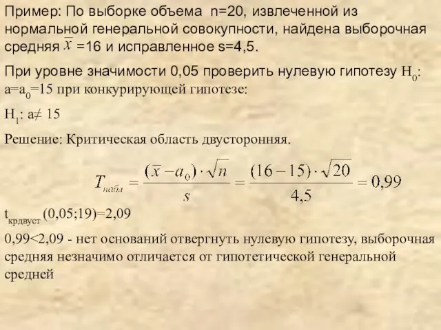 Пример: По выборке объема n=20, извлеченной из нормальной генеральной совокупности,