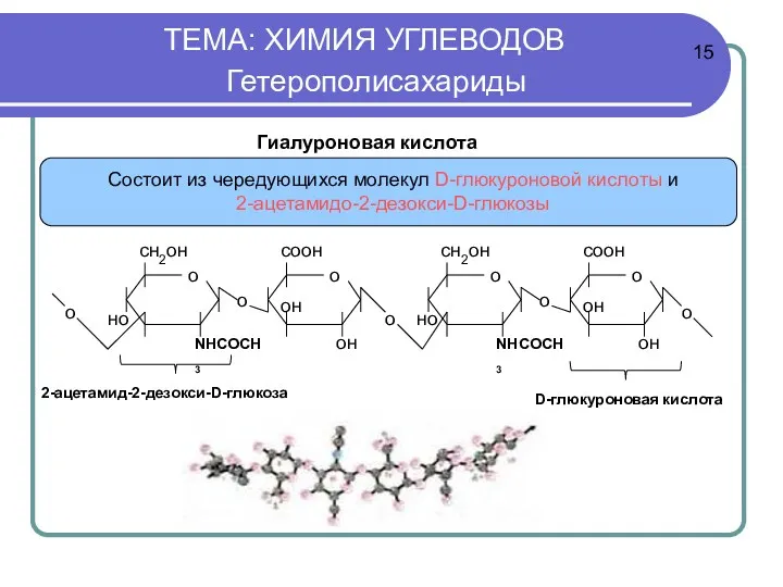 ТЕМА: ХИМИЯ УГЛЕВОДОВ Гетерополисахариды Гиалуроновая кислота 15