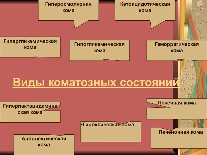 Виды коматозных состояний Апоплектическая кома Гипоксическая кома Почечная кома Печеночная