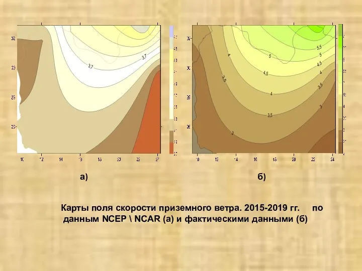 Карты поля скорости приземного ветра. 2015-2019 гг. по данным NCEP