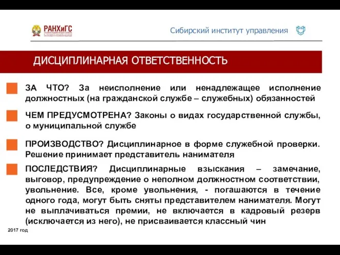 ДИСЦИПЛИНАРНАЯ ОТВЕТСТВЕННОСТЬ 2017 год ЗА ЧТО? За неисполнение или ненадлежащее