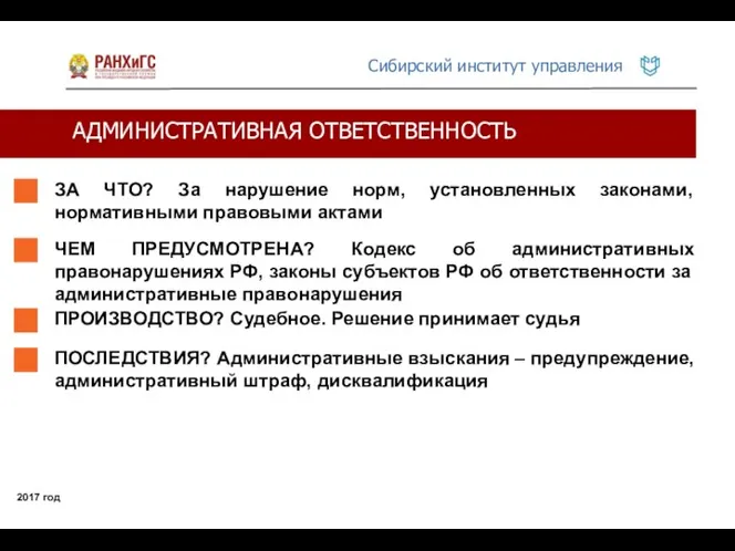 АДМИНИСТРАТИВНАЯ ОТВЕТСТВЕННОСТЬ 2017 год ЗА ЧТО? За нарушение норм, установленных