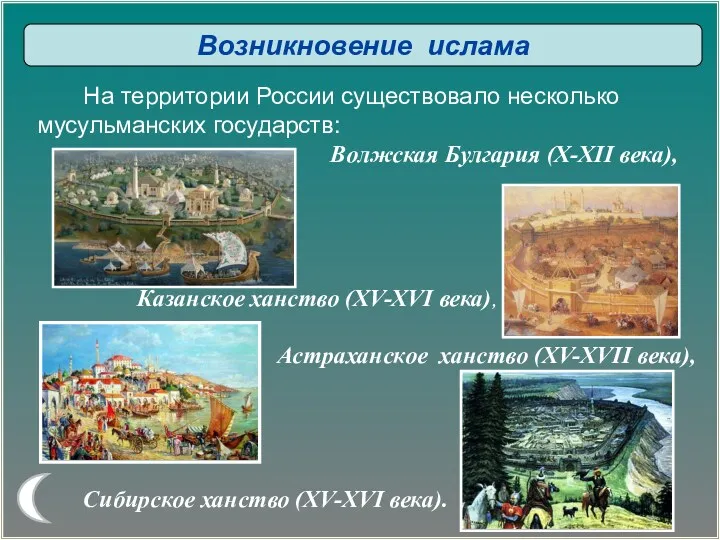 Возникновение ислама На территории России существовало несколько мусульманских государств: Волжская Булгария (X-XII века),