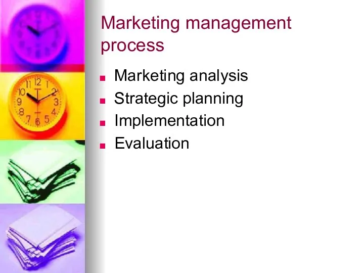Marketing management process Marketing analysis Strategic planning Implementation Evaluation