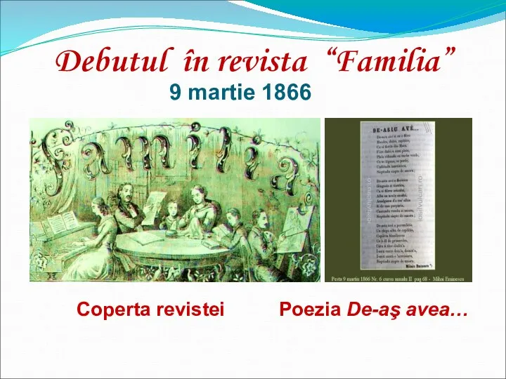 Debutul în revista “Familia” Coperta revistei Poezia De-aş avea… 9 martie 1866