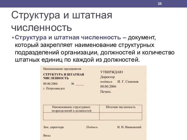Структура и штатная численность Структура и штатная численность – документ,