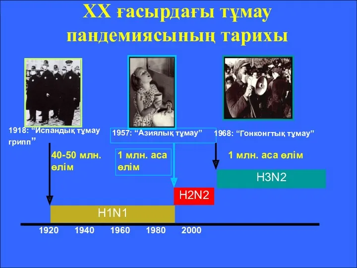 1920 1940 1960 1980 2000 XX ғасырдағы тұмау пандемиясының тарихы H1N1 H2N2 H3N2