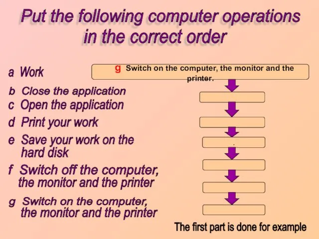 g Switch on the computer, the monitor and the printer.