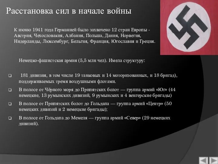 Расстановка сил в начале войны Немецко-фашистская армия (5,5 млн чел).