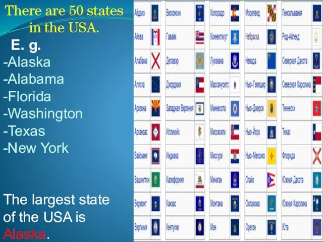 There are 50 states in the USA. E. g. -Alaska