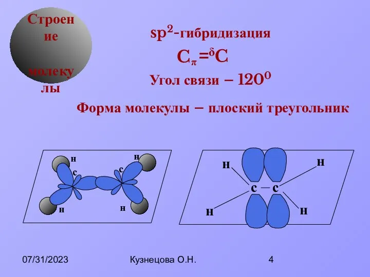 07/31/2023 Кузнецова О.Н. δ Строение молекулы sp2-гибридизация Угол связи –