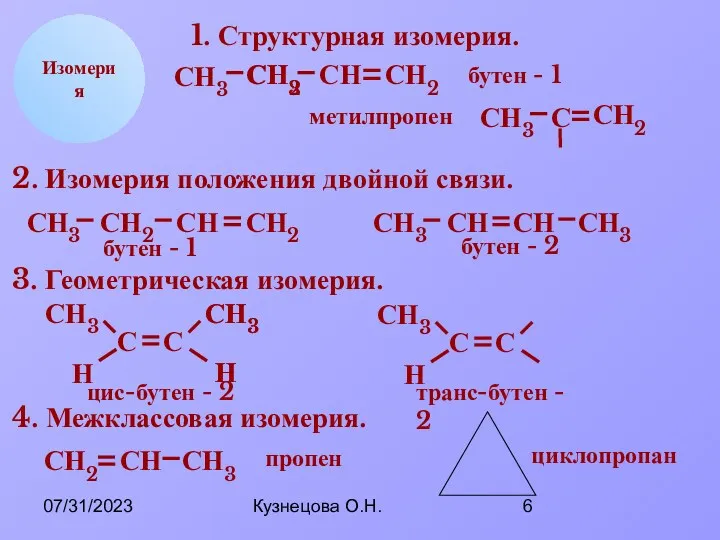 07/31/2023 Кузнецова О.Н. СН2 СН СН3 Н Изомерия 1. Структурная