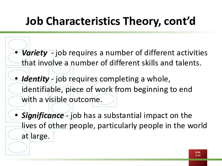 Job Characteristics Theory, cont’d Variety - job requires a number of different activities