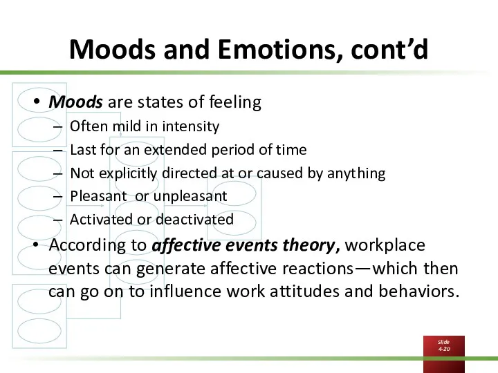 Moods and Emotions, cont’d Moods are states of feeling Often mild in intensity