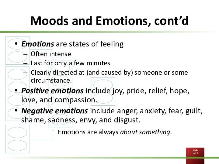 Moods and Emotions, cont’d Emotions are states of feeling Often intense Last for