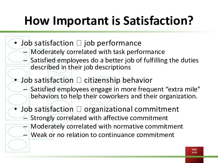 How Important is Satisfaction? Job satisfaction ? job performance Moderately correlated with task