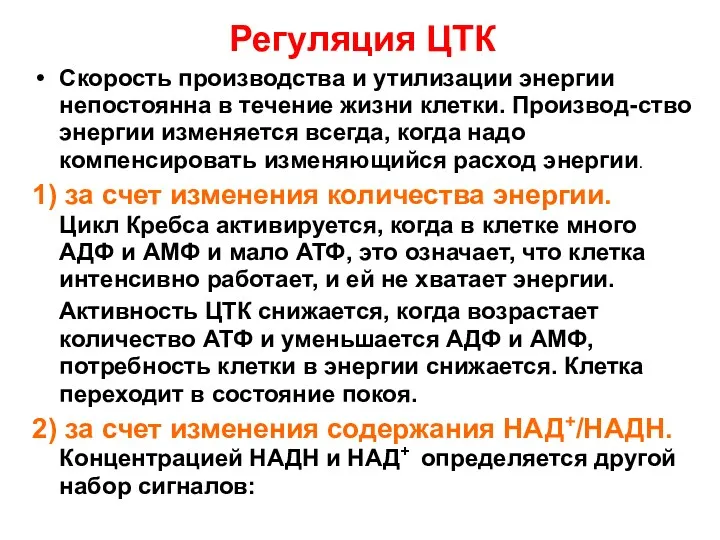 Регуляция ЦТК Скорость производства и утилизации энергии непостоянна в течение жизни клетки. Производ-ство