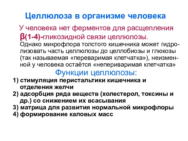 Целлюлоза в организме человека У человека нет ферментов для расщепления β(1-4)-гликозидной связи целлюлозы.