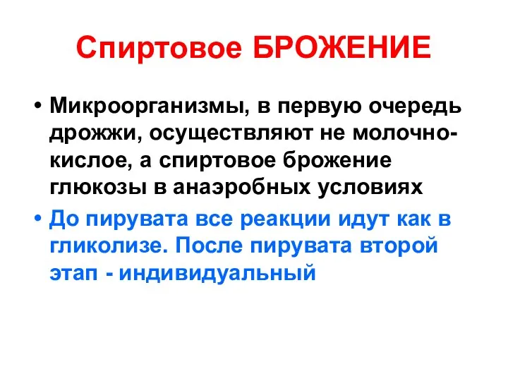 Спиртовое БРОЖЕНИЕ Микроорганизмы, в первую очередь дрожжи, осуществляют не молочно-кислое, а спиртовое брожение