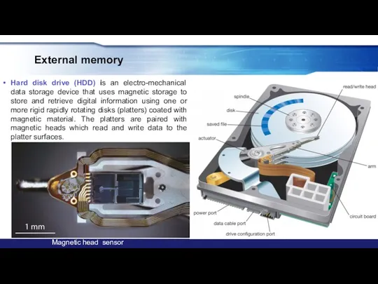 External memory Hard disk drive (HDD) is an electro-mechanical data storage device that